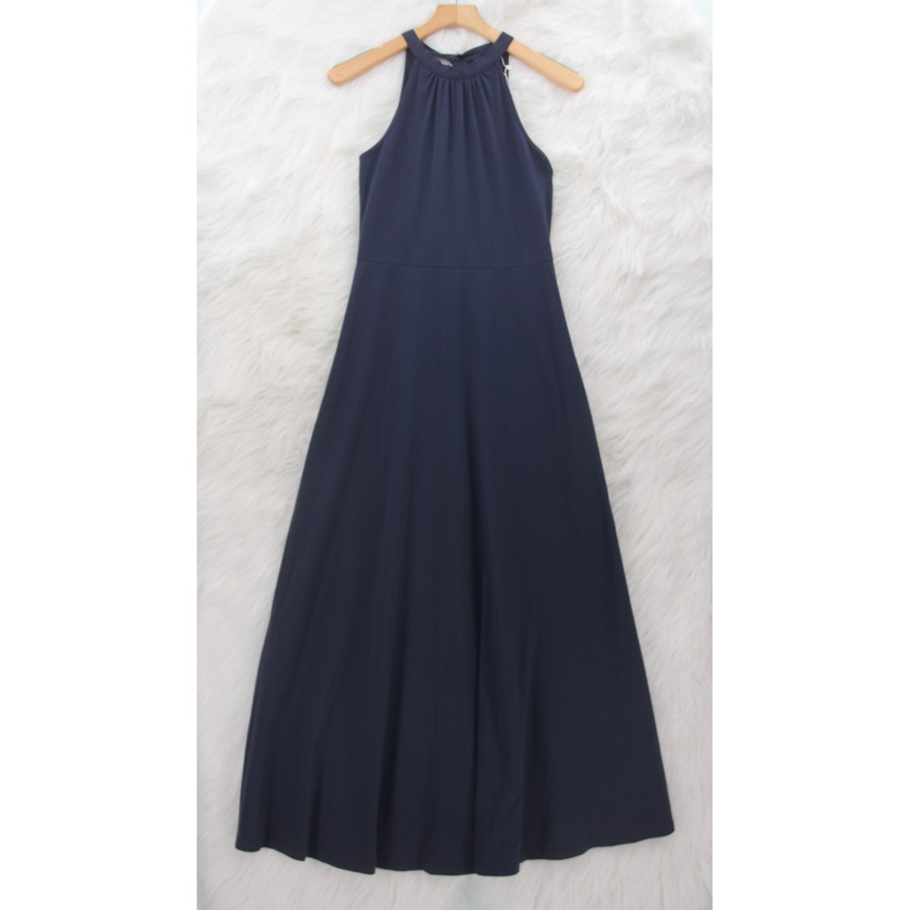 Styleworld Women Dress Navy Blue Cotton Stretch Halter Maxi Coastal Minimalist S